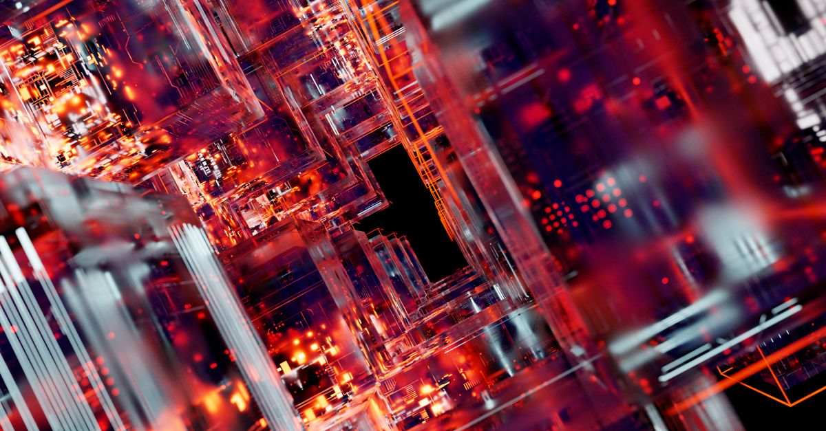Rendering astratto di circuiti digitali con bagliori rossi e arancioni