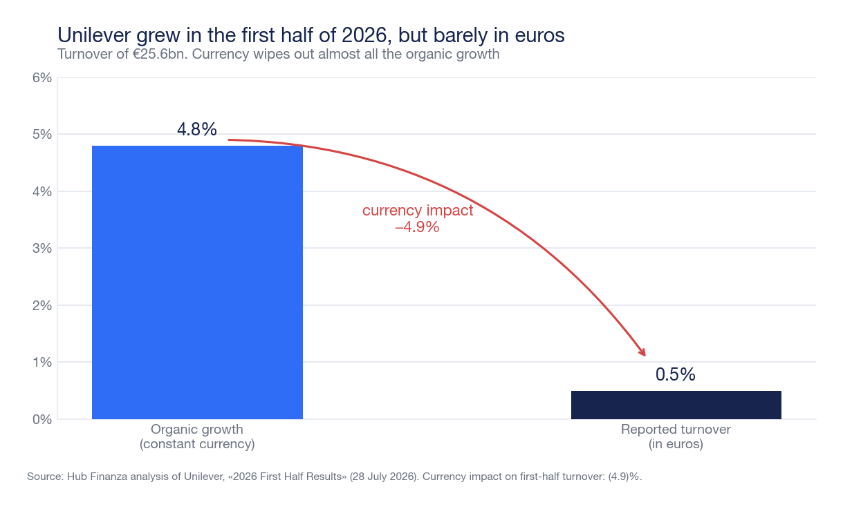 Bar chart comparing organic growth of 4.8% with reported turnover growth of 0.5%, showing the negative currency effect of 4.9%